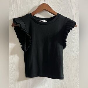 Zara Women’s Black Ruffle Sleeve Cropped Ribbed T Shirt Size Small